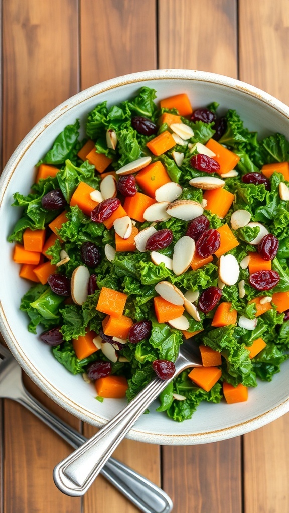 A colorful kale salad with bell peppers, carrots, and almonds in a rustic bowl.